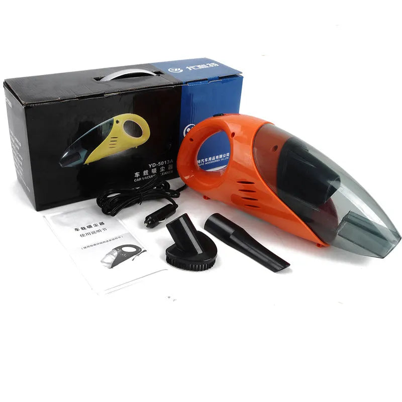 Yellow cordless car vacuum cleaner with detachable dust box and duck nozzle on a car seat