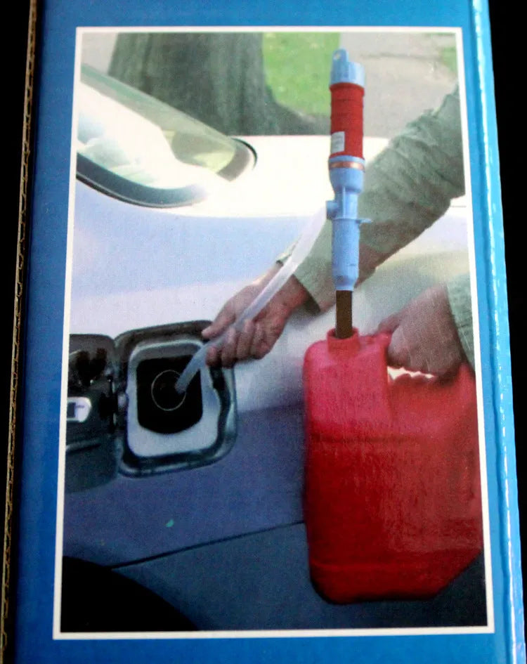 Blue and red manual hand siphon pump for fuel and liquid transfer.