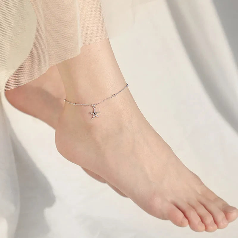 Sterling silver starfish anklet with round beads for women