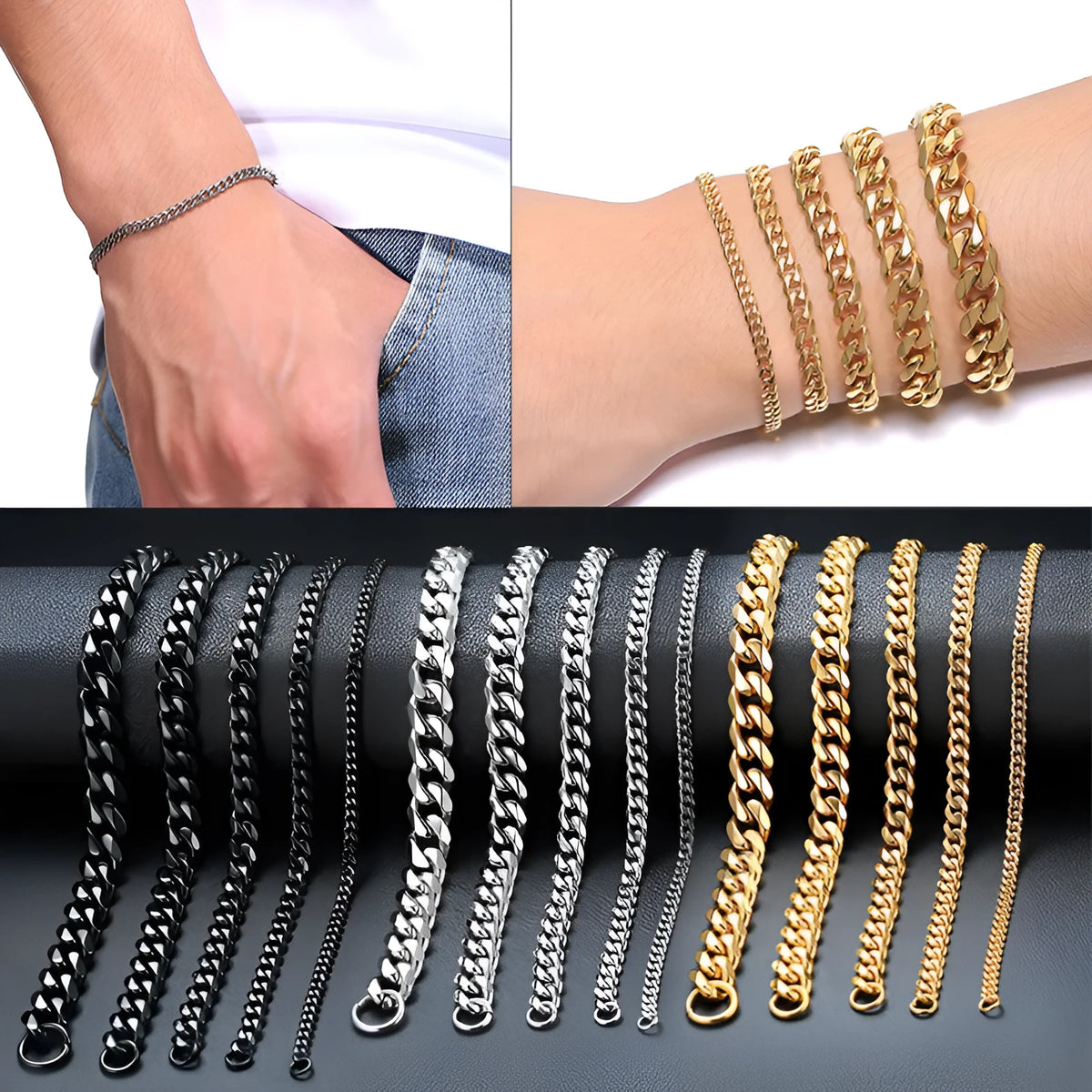 Men's golden Cuban chain necklace metal electroplated geometric design 22cm length silver colour