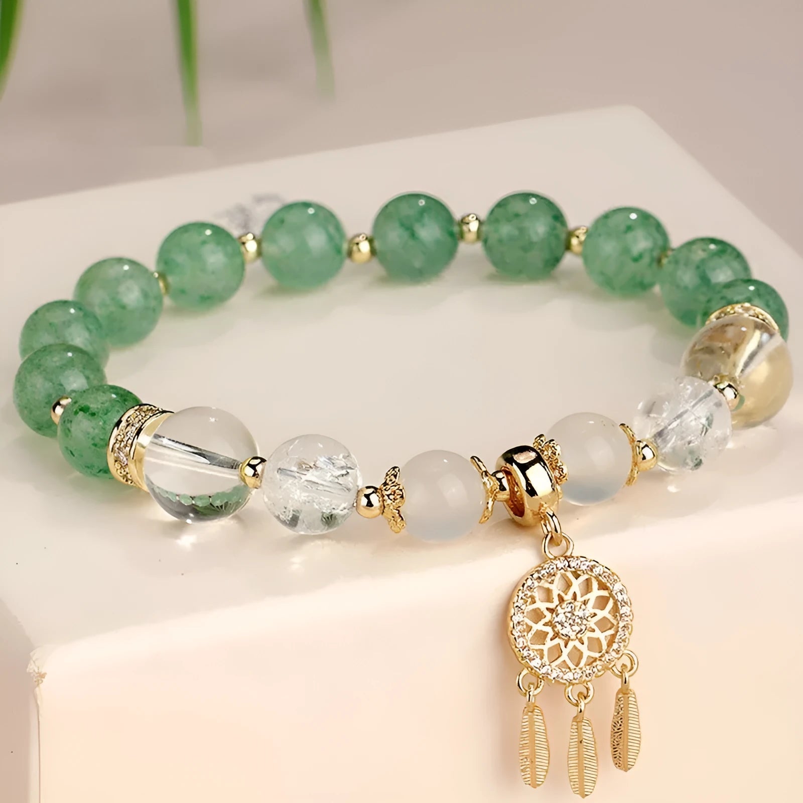 Chinese style white crystal tassel bracelet for women with electroplated finish and gemstone beads