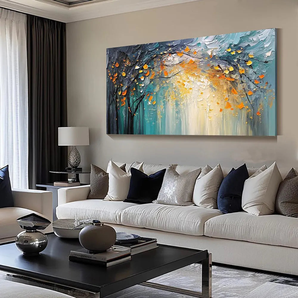 Hand-painted abstract forest oil painting on canvas in blue and golden yellow, one-panel horizontal wall art without frame