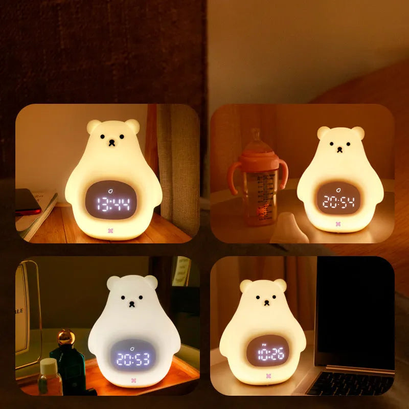 White silicone cartoon bear-shaped night light with remote control on a bedside table.