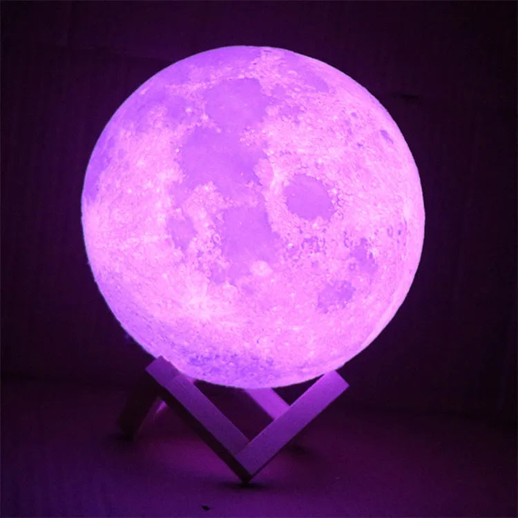 3D printed moon lamp showing detailed lunar surface with wood holder and touch control ring