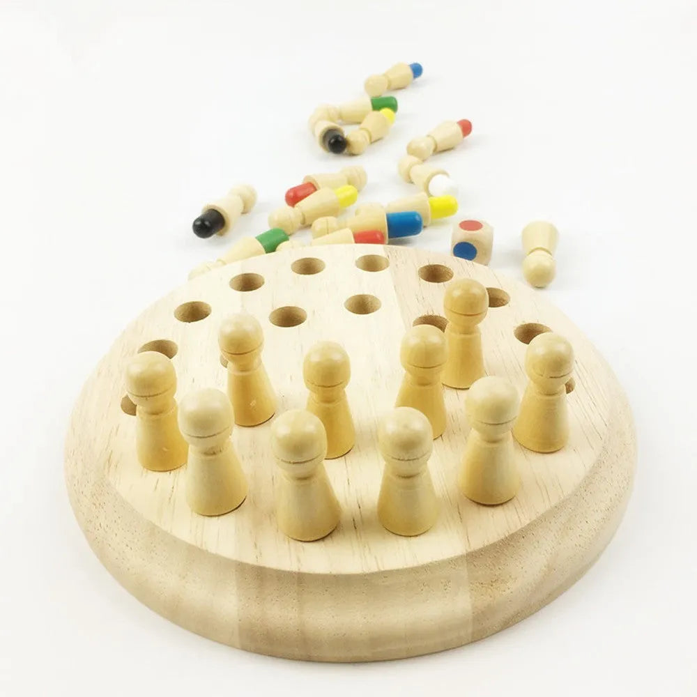 Montessori beech wood memory match stick chess game with green pieces on a wooden board.