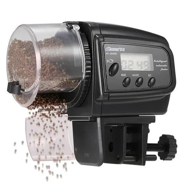 Black plastic digital automatic aquarium fish feeder, 110 x 100 x 68mm, with timer and battery compartment