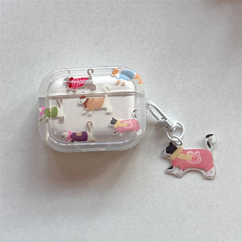 Gradient sausage dog TPU soft shell earphone protective case for AirPods with embossed cartoon design and pendant loop