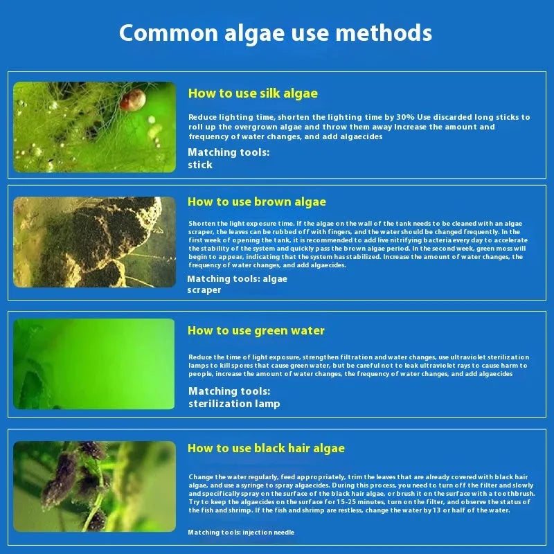 Three bottles of concentrated fish tank algaecide in 300ml, 700ml, and 1100ml sizes for freshwater aquarium and pond treatment