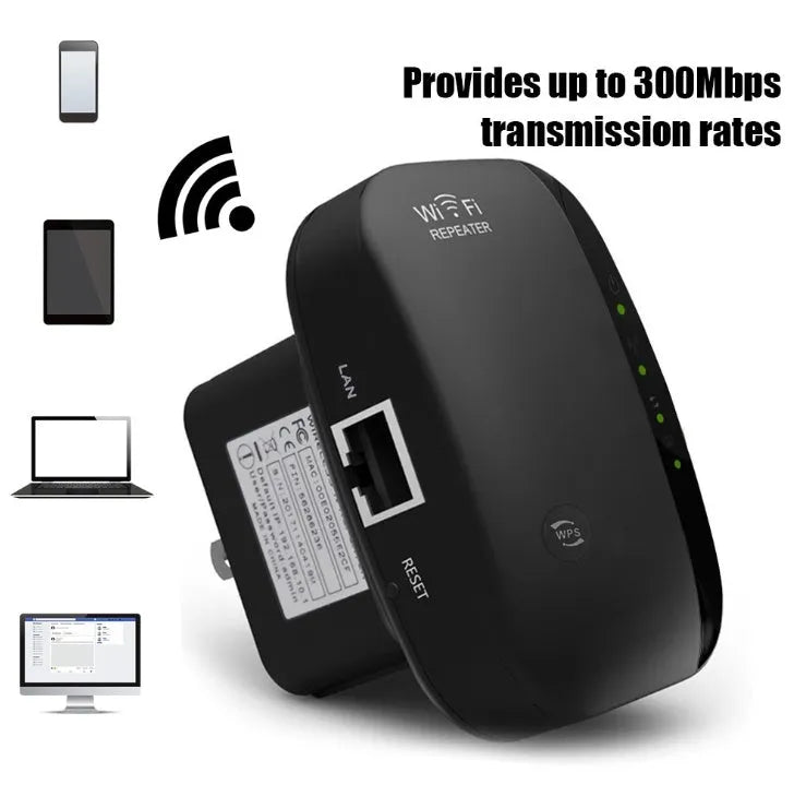 White and black WiFi repeater with two integrated antennas, 75x90mm, 300Mbps for UK plug
