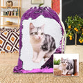 Custom purple sequin backpack with a printed dog photo and drawstring closure.