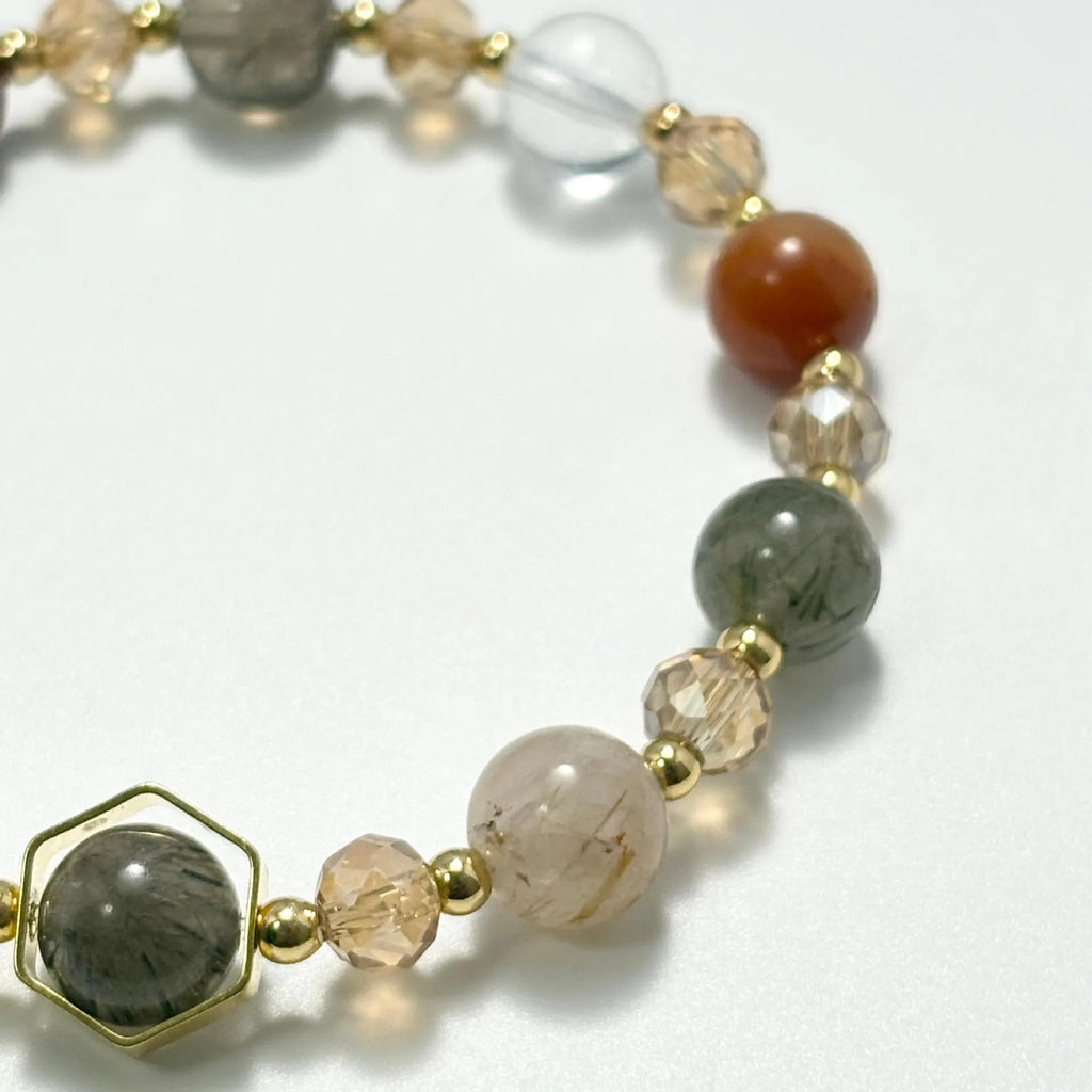 Gold colour citrine crystal bracelet with 8mm beads featuring Chinese auspicious symbols including Ruyi and Fu character