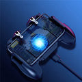 SR Cooling Handle gaming controller with rear trigger and adjustable bracket holding a phone