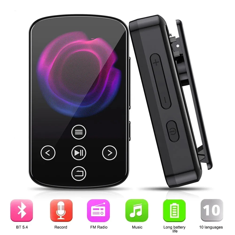 Black Bluetooth music player with 1.5-inch touch screen, FM radio, recording, and e-book functions, 60x35x18mm