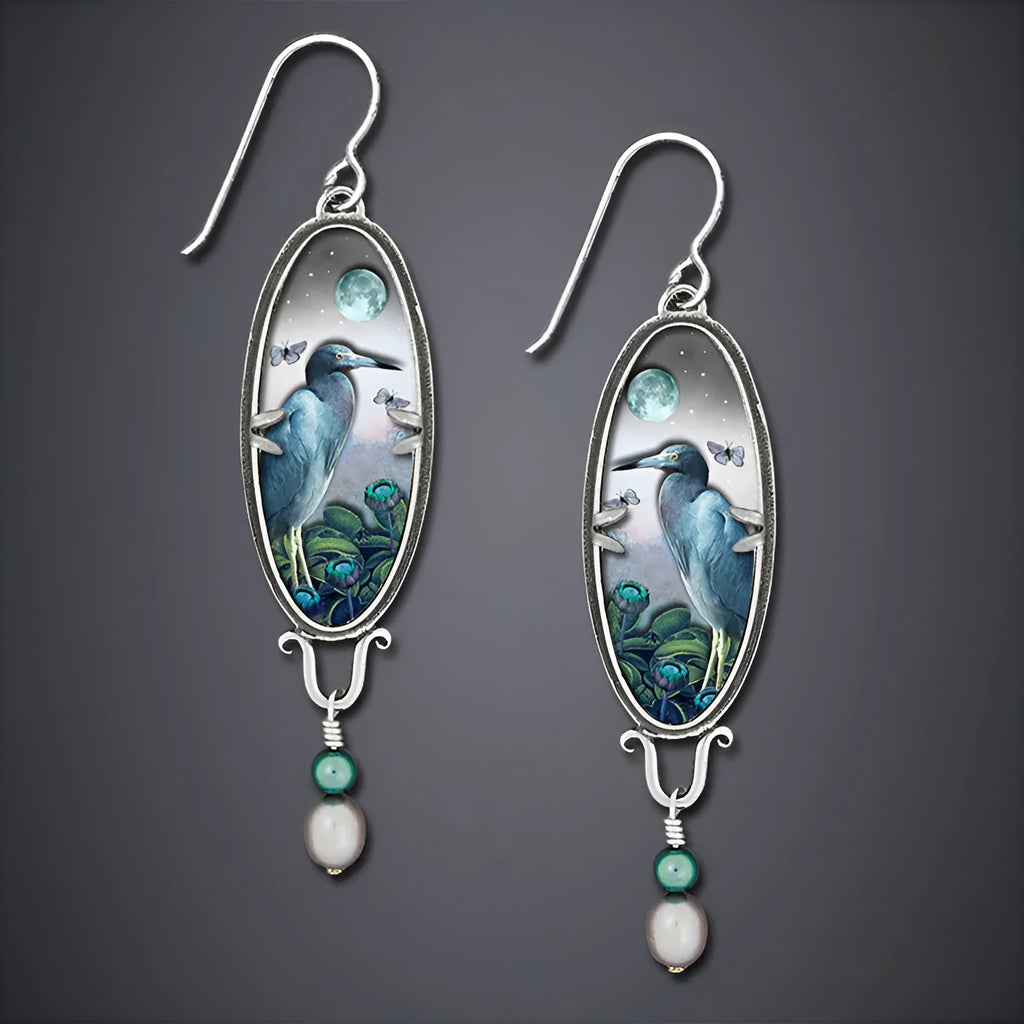 Silver retro bird flower drop earrings with electroplated metal construction