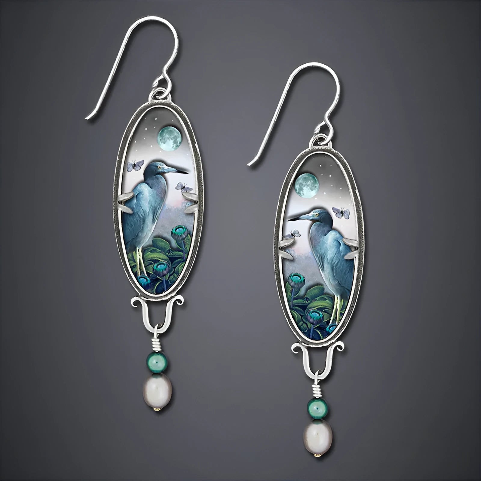 Silver retro bird flower drop earrings with electroplated metal construction