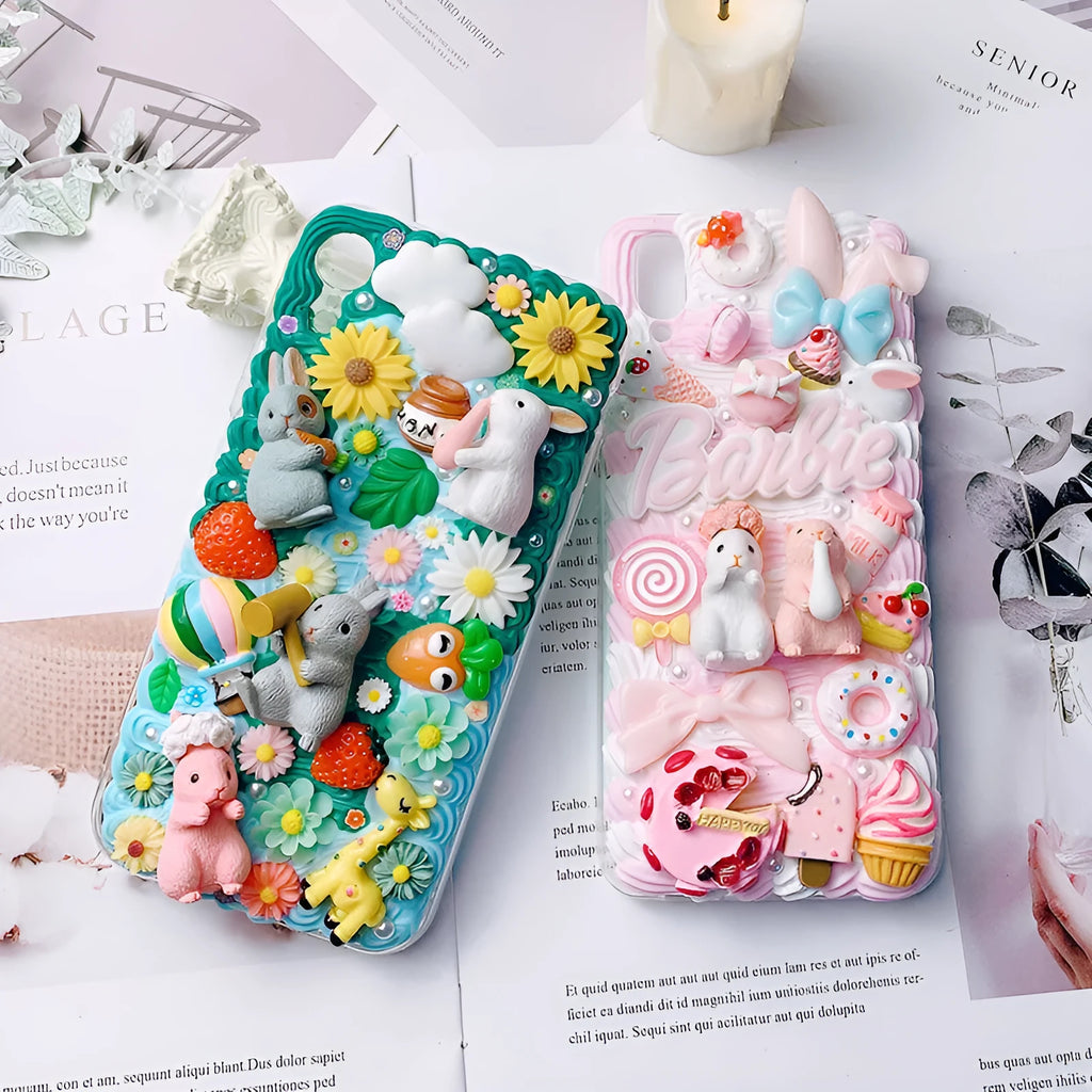 Pink and green cartoon rabbit design 3D silicone iPhone case showing textured surface and precise model fit
