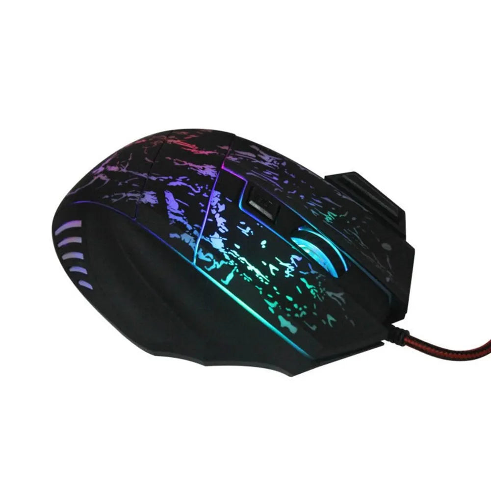 Black wired optical gaming mouse with transparent shell and luminous glow on a desk