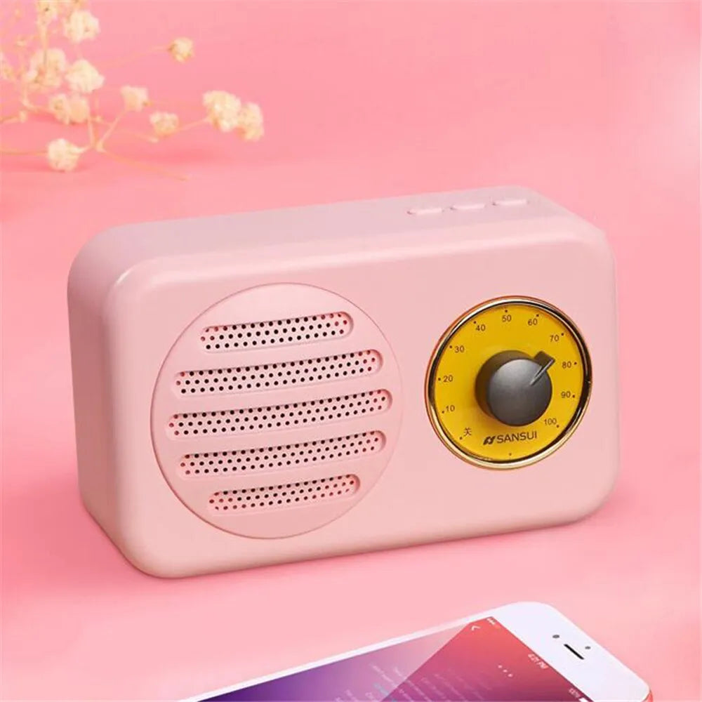 Portable Bluetooth speaker with FM radio in wood colour finish showing front speaker grille and control buttons