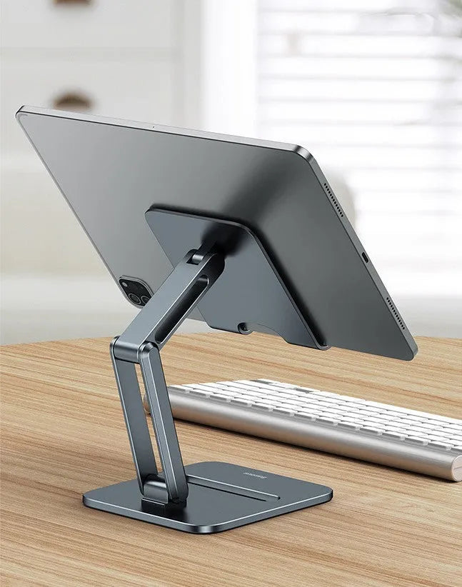 Deep space grey aluminium folding stand supporting a tablet at an angle