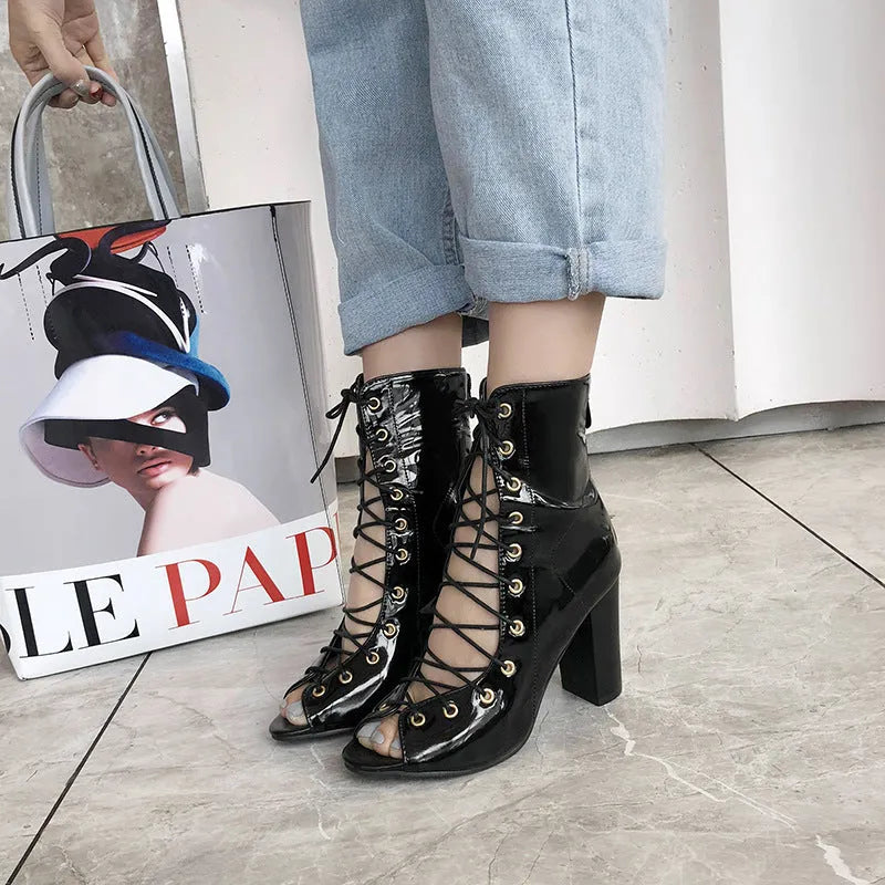 Denim high heels with thick heel above 8cm, peep toe, front tie, rubber sole, in Black, Blue, or Navy Blue