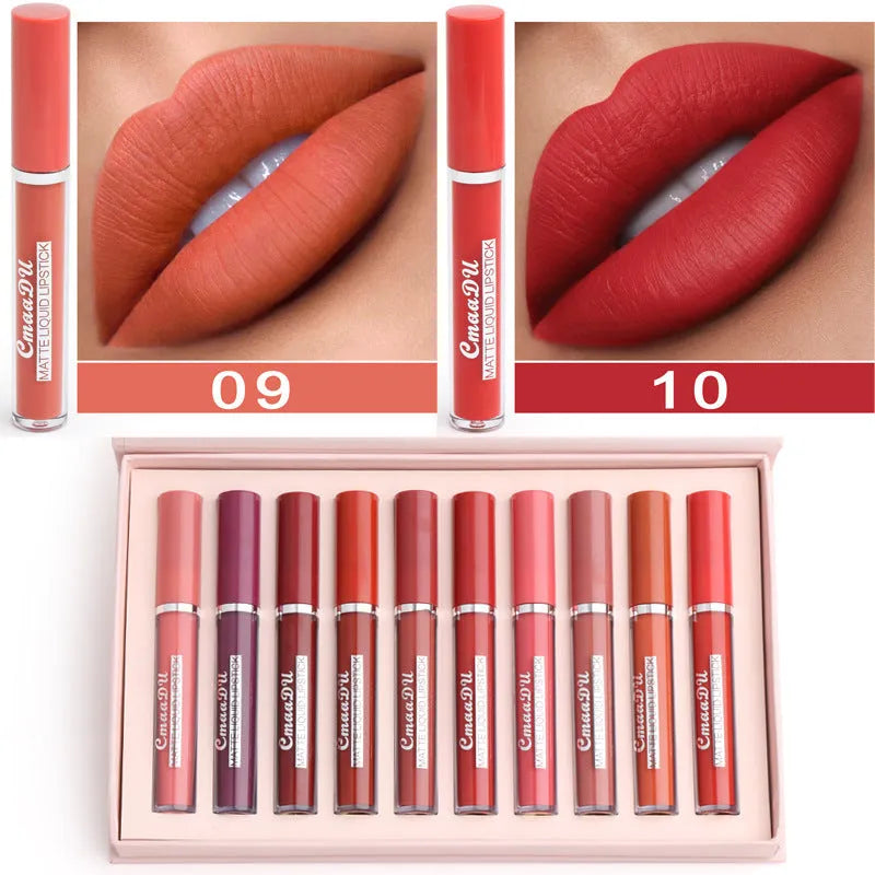 Set of 10 waterproof matte lipstick sticks in non-stick cup formula