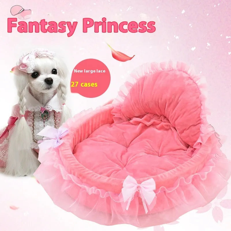 Cute princess lace teddy cloth pet bed in pink with decorative trim, suitable for small dogs