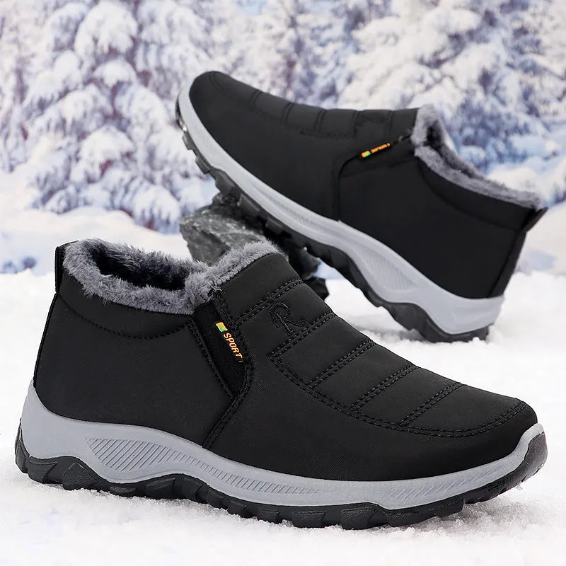 Men's cotton-padded fleece-lined black snow boots with rubber sole and round toe