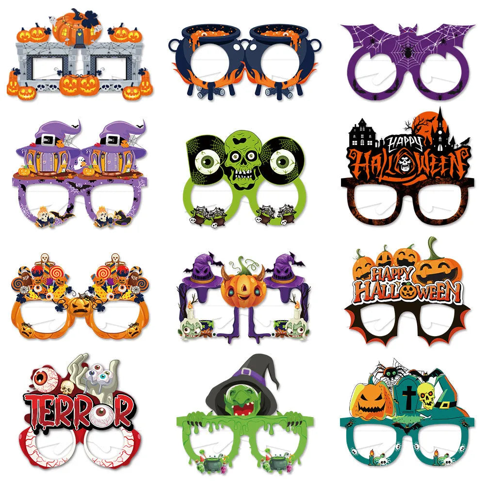 Halloween paper glasses in three styles, used as scene decoration and photo props