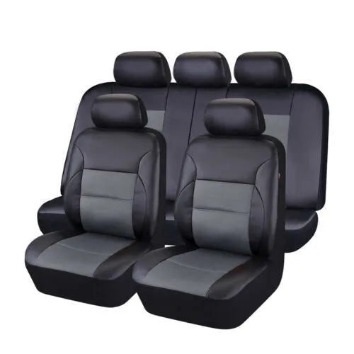 Set of artificial leather car seat covers in various colours showing headrest and seat pieces with hooks.