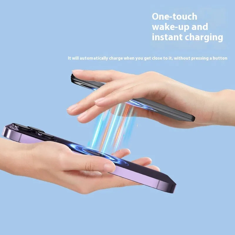 Ultra-thin magnetic power bank with alloy shell showing dark grey, silver, black and violet colour options