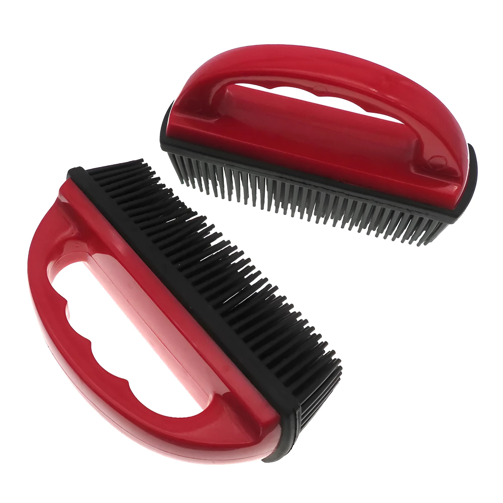 Red pet hair removal brush with non-slip handle for grooming and cleaning, dimensions 160mm by 85mm