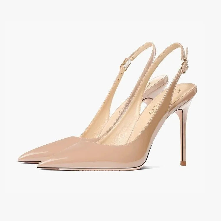 Nude soft leather women's ankle-strap high heel sandals with hollow design