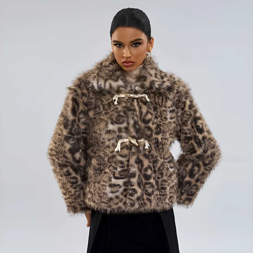 Women's leopard print coat with a buckle lapel on the collar.