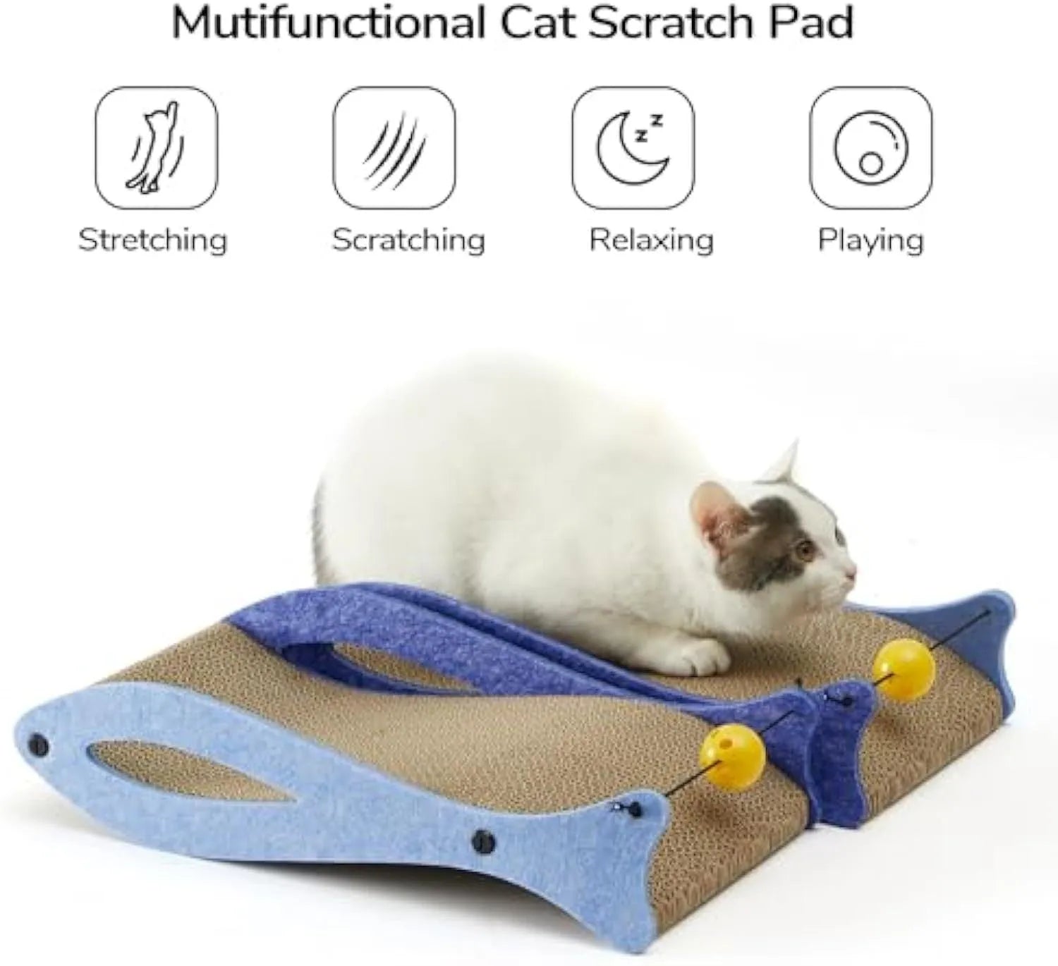 Blue fish-shaped cardboard cat scratcher with bell toys on elastic cord, measuring 46x25x10cm