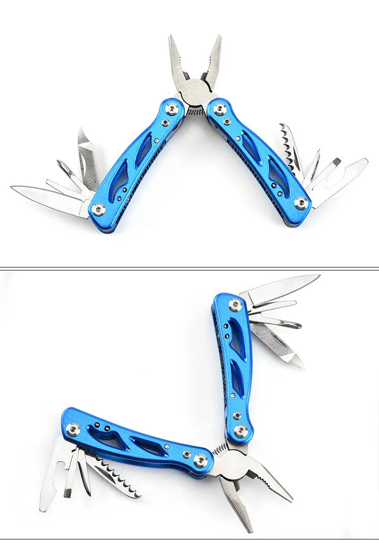 Blue stainless steel folding multi-function pliers with fruit knife tool showing open and closed positions