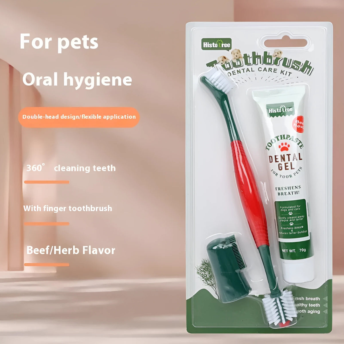 Pet toothpaste toothbrush set with finger stall and 360° brush in vanilla and beef flavour for cats and dogs