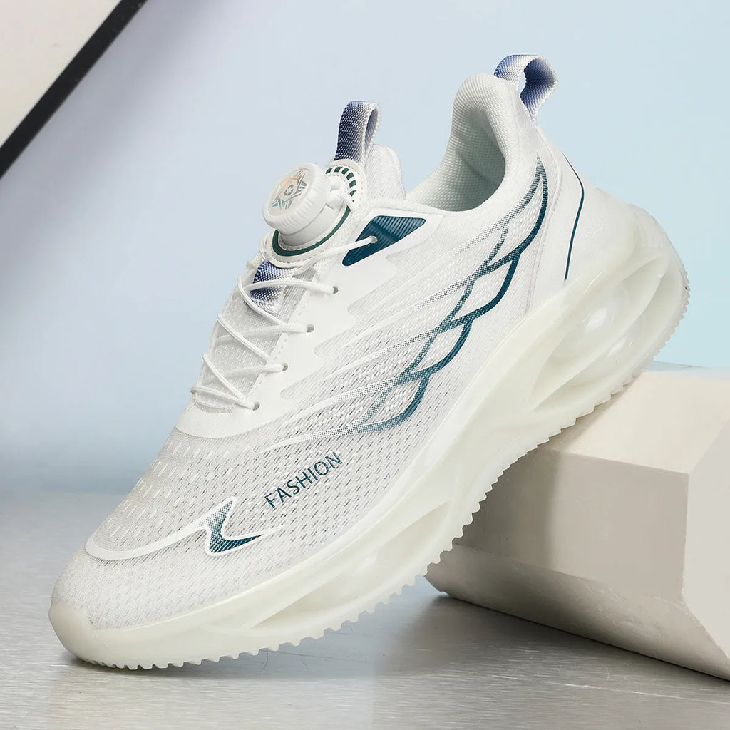 Pair of sky blue casual running shoes with mesh upper, round toe, and flat rubber sole on a white background.