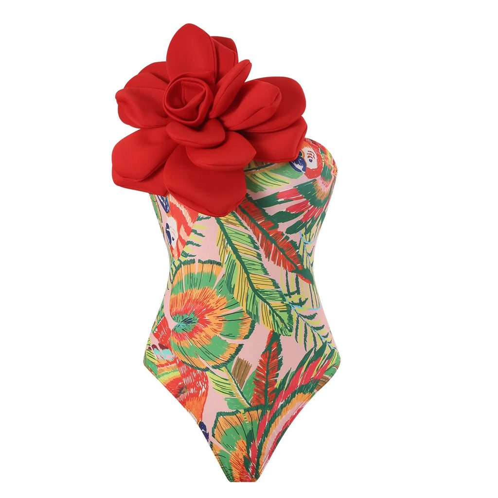 Women's blue fairy style one-piece swimsuit with a matching printed gauze skirt.