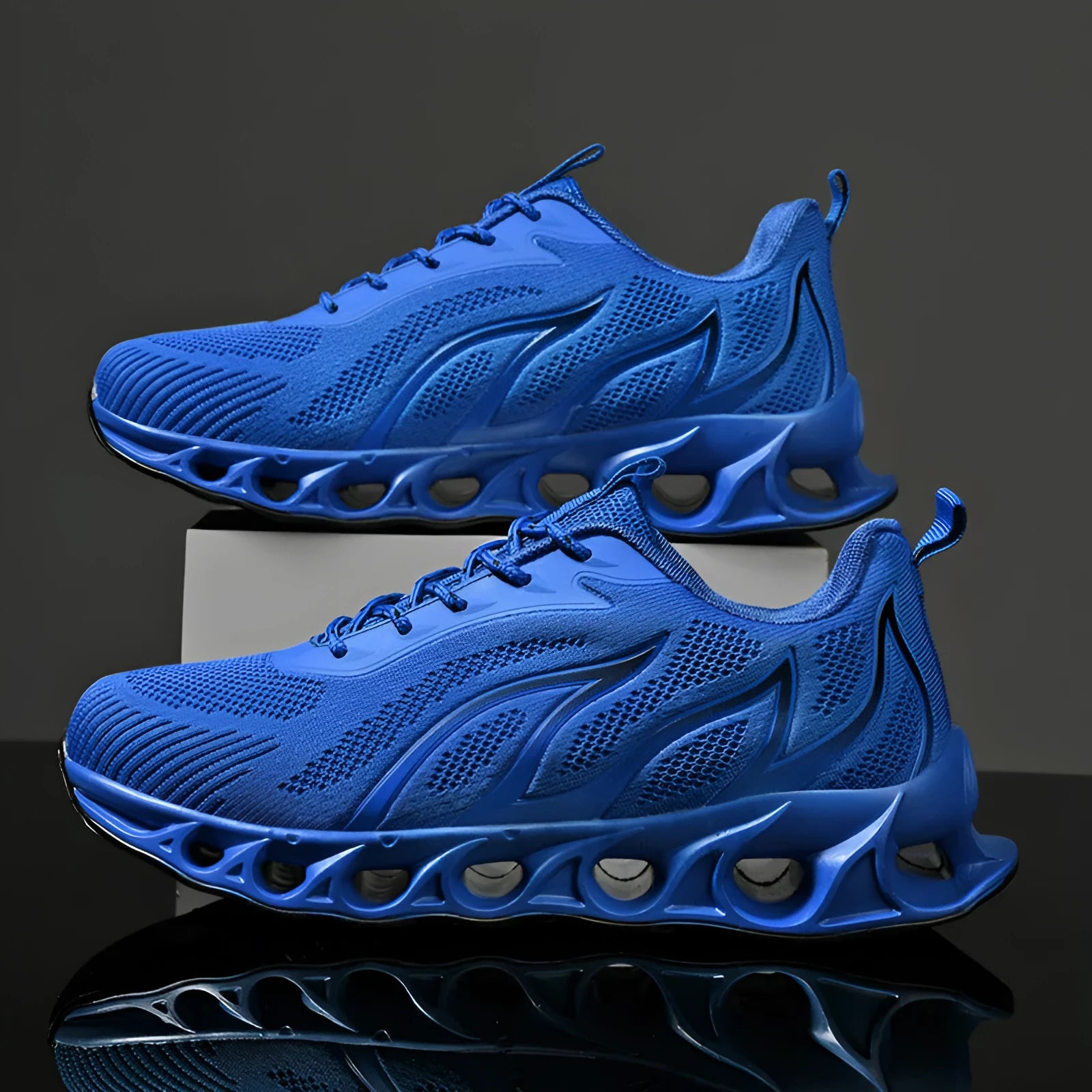 Men's sapphire blue mesh sports casual shoes with lace-up front and round toe design
