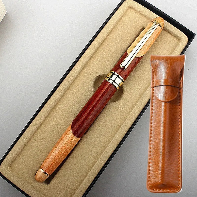 Wooden barrel pen with metal components and a storage bag