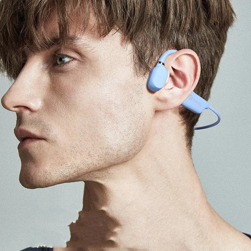 Bone conduction Bluetooth headphones with a neckband, shown in one of six available colours.