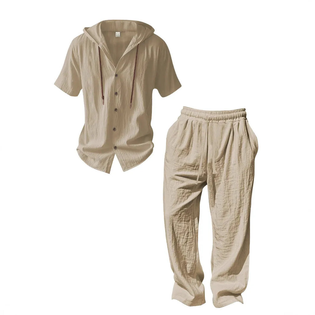 Men's two-piece cotton sportswear leisure suit in a classic colour on a hanger