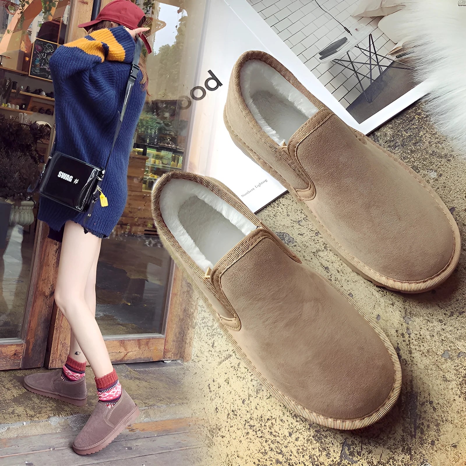 Flat heel low-top snow boots with fleece lining in khaki, black, grey, pink, and milky white colours.