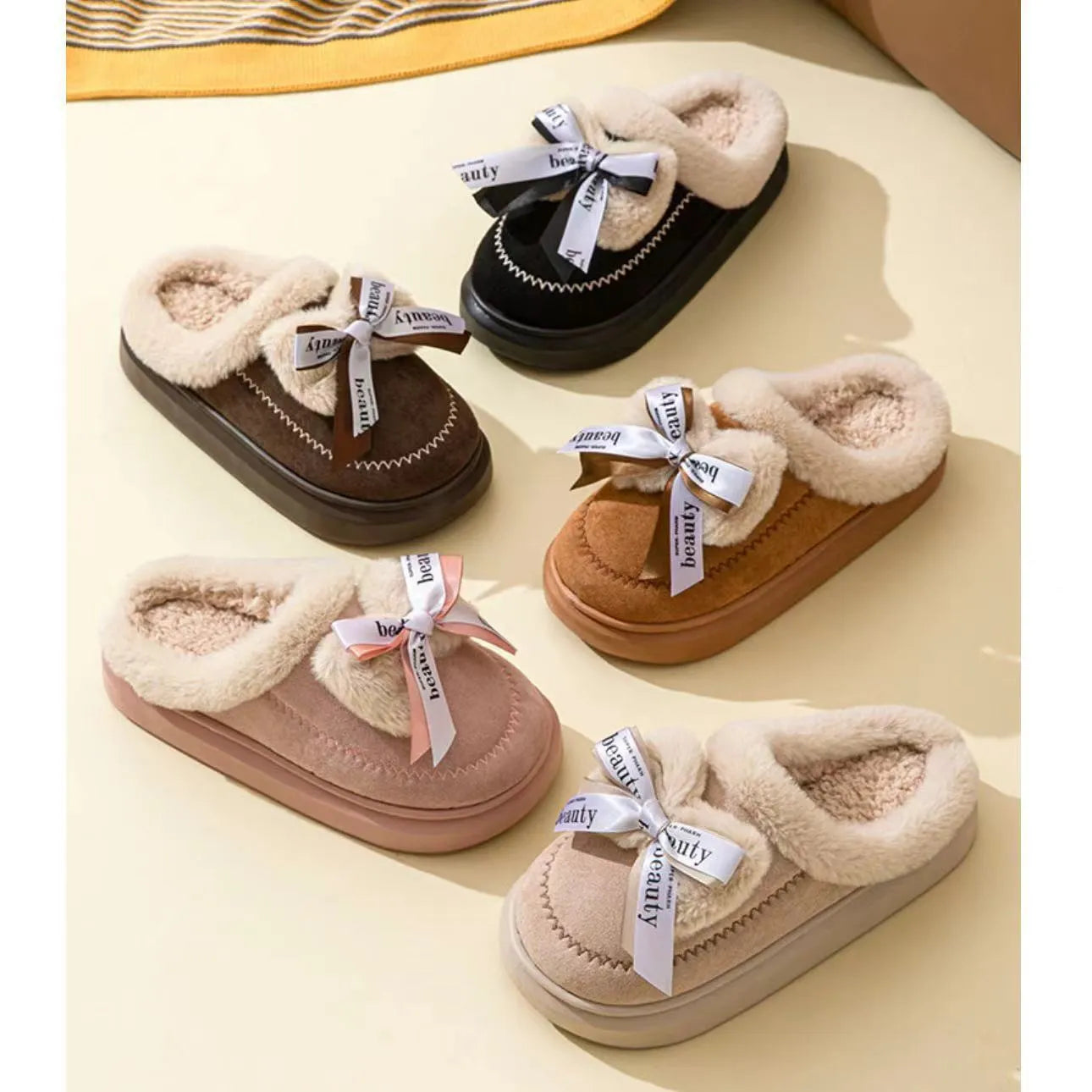 Women's beige suede half slippers with a ribbon bow and thick EVA sole.
