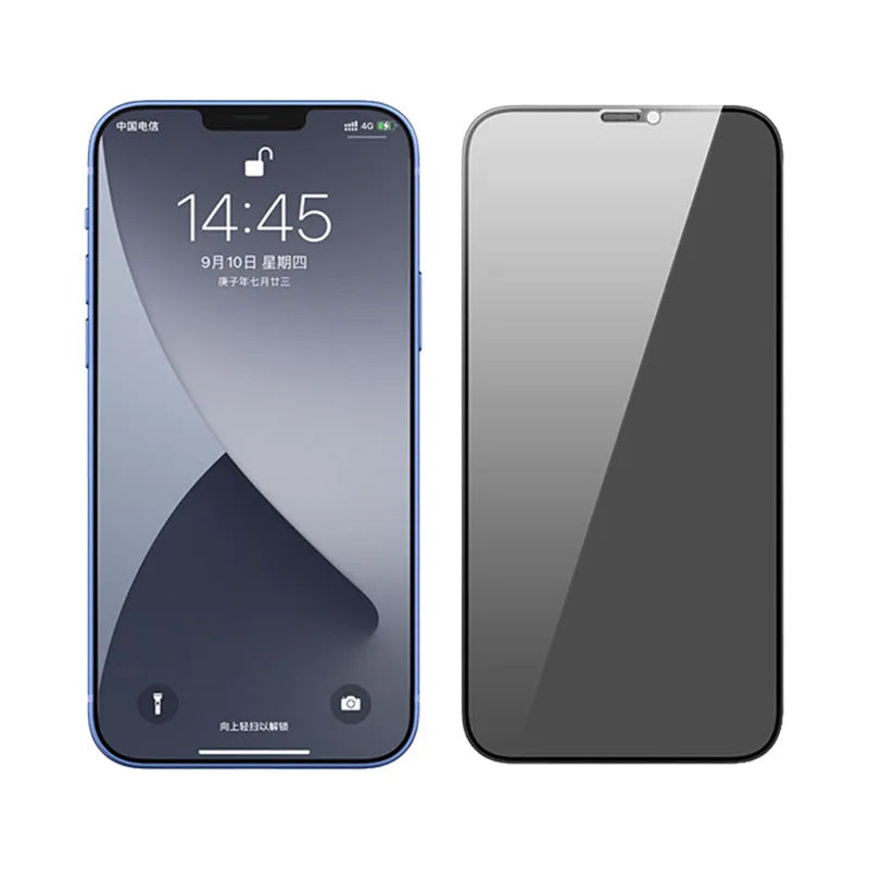 Privacy tempered glass screen protector with dustproof net for iPhone showing anti-peep and blue light filter variants