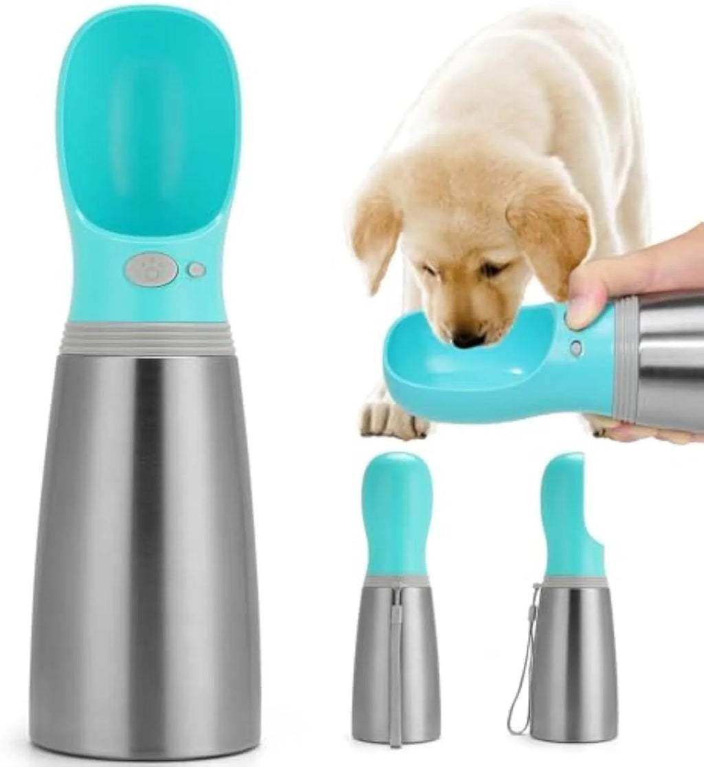Blue 700ml stainless steel portable dog water bottle with built-in bowl and silicone drinking cup