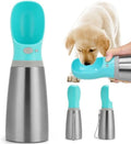Blue 700ml stainless steel portable dog water bottle with built-in bowl and silicone drinking cup