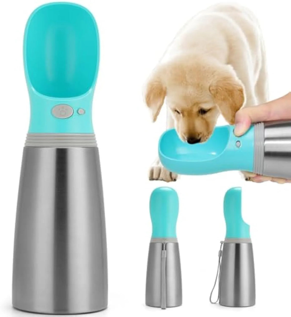 Blue 700ml stainless steel portable dog water bottle with built-in bowl and silicone drinking cup