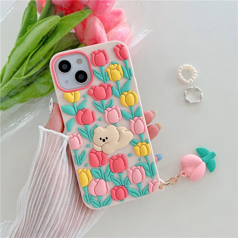 Creative cartoon little bear flowers silicone phone case with tulip pendant in pink for Apple iPhone