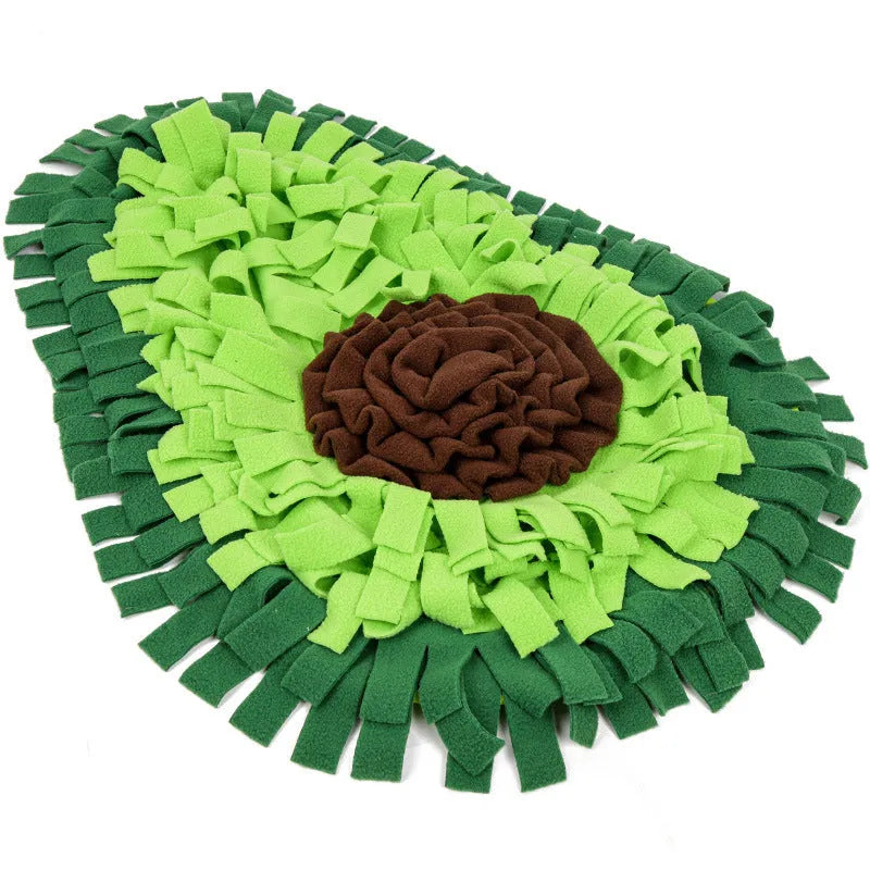 Green avocado-shaped dog sniffing mat with polar fleece strips on non-slip base, 69x53cm size for dogs and rabbits